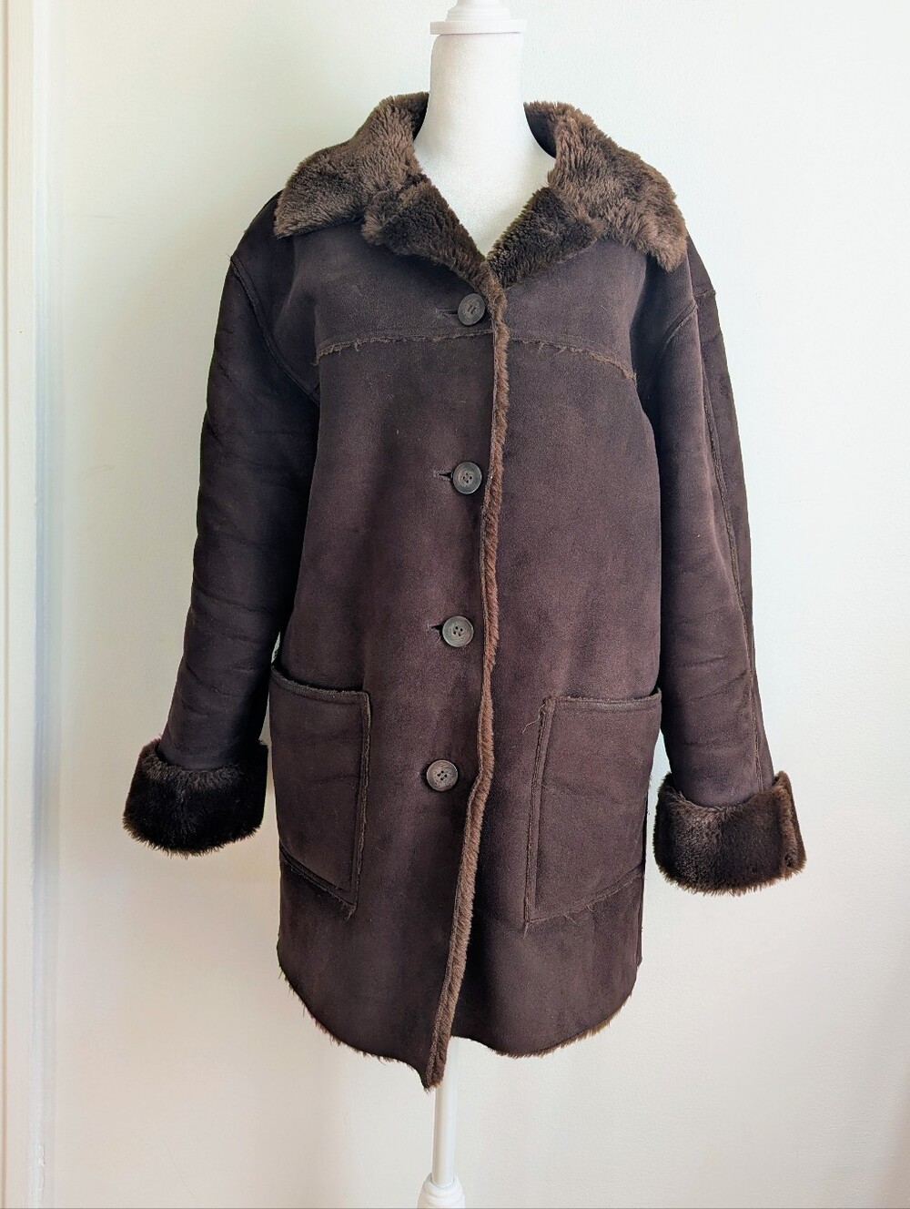 Y2K Brown Faux Suede Shearling Lined Ranch Coat with Fur Trim